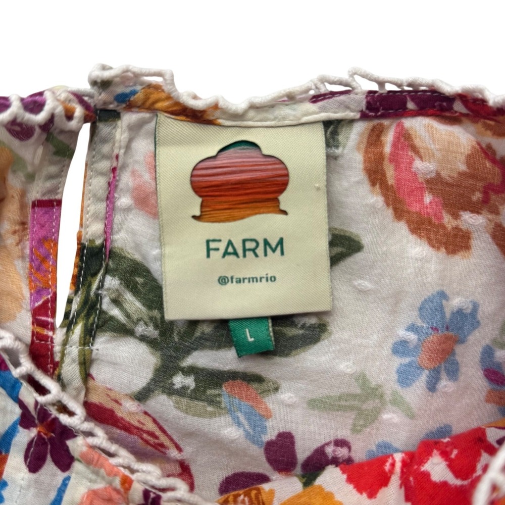 Farm Rio Womens Top Large Floral Swiss Dot Blouse Multi Color Boho Pom Poms - Picture 2 of 11